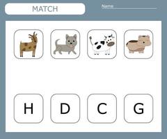 Find the first letter of the pets and connect. Educational game for children. vector