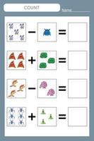 How many counting game with funny monsters. Worksheet for preschool kids, kids activity sheet, printable worksheet vector