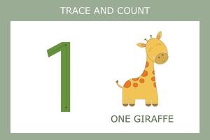 Number one stroke worksheet with giraffe  for fine motor skills kids. Educational game for preschoolers. vector