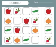 Sudoku game for children with   wild  vegetables. Kids activity sheet . vector