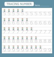 Numbers for kids. Worksheet for kindergarten and preschool. Training to write and count numbers with watercolor paints vector