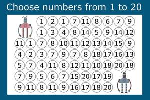 The task is to go through a maze of numbers from 1 to 20. Educational exercises for preschool children vector