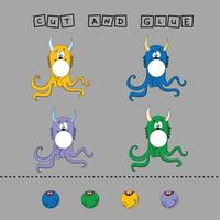 worksheet vector design, the task is to cut and glue a piece on colorful  monsters.  Logic game for children.