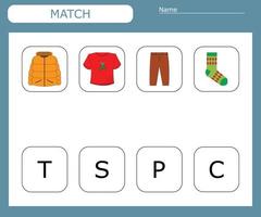 encuentra la primera letra de la ropa y conecta. juego educativo para niños. vector