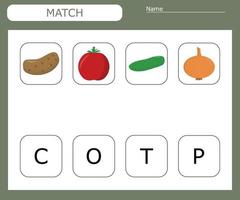 encuentra la primera letra de las verduras y conecta. juego educativo para niños. vector