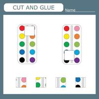 worksheet vector design, the task is to cut and glue a piece on  watercolor.  Logic game for children.