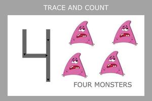 Numbers for kids. Worksheet for kindergarten and preschool. Training to write and count numbers with funny monsters vector