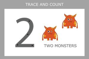 Numbers for kids. Worksheet for kindergarten and preschool. Training to write and count numbers with funny monsters vector
