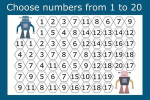 The task is to go through a maze of numbers from 1 to 20. Educational exercises for preschool children vector
