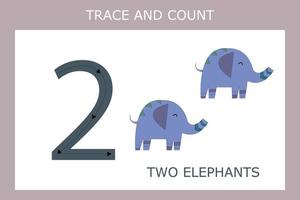 Number two stroke worksheet with elephants for fine motor skills kids. Educational game for preschoolers. vector