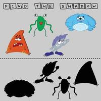 Find a pair or shadow  game with funny  colorful monsters.  Worksheet for preschool kids, kids activity sheet, printable worksheet vector