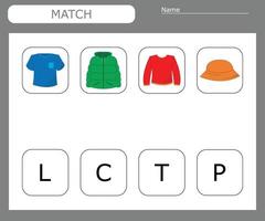 encuentra la primera letra de la ropa y conecta. juego educativo para niños. vector