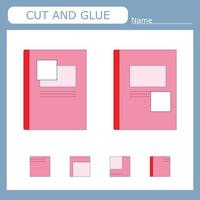 worksheet vector design, the task is to cut and glue a piece on  notebook.  Logic game for children.