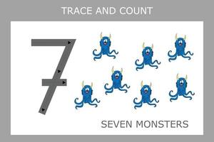 Numbers for kids. Worksheet for kindergarten and preschool. Training to write and count numbers with funny monsters vector