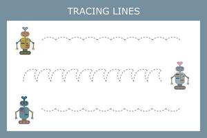 Trace line worksheet with robots for kids, practicing fine motor skills.  Educational game for preschool children. vector