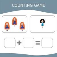 How many counting game with dolls. Worksheet for preschool kids, kids activity sheet, printable worksheet vector