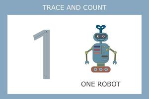 Numbers for kids. Worksheet for kindergarten and preschool. Training to write and count numbers with funny  robots vector