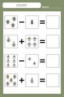 How many counting game with funny robots. Worksheet for preschool kids, kids activity sheet, printable worksheet vector