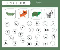 Find the first letter of the word  and connect. Educational game for children. vector