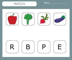 encuentra la primera letra de las verduras y conecta. juego educativo para niños. vector