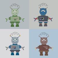 A set of four multicolored robots. Children's robo background. Color cute childish drawing. vector