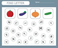 Find the first letter and match with the picture, a game for kids to learn the alphabet. Worksheet for printing. Educational game for children. vector