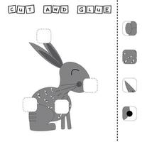 Paper game for the development of preschoolers. Cut out parts of the image and glue on the rabbit. A fun game for kids vector