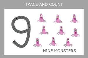 Numbers for kids. Worksheet for kindergarten and preschool. Training to write and count numbers with funny monsters vector