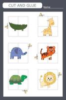 worksheet vector design, the task is to cut and glue a piece on colorful  animals.  Logic game for children.