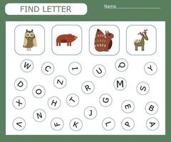 Find the first letter and match with the picture, a game for kids to learn the alphabet. Worksheet for printing. Educational game for children. vector