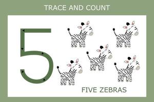 Number five stroke worksheet with zebras  for fine motor skills kids. Educational game for preschoolers. vector