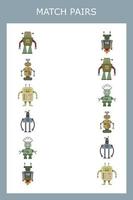 Find a pair or match game with robots.  Worksheet for preschool kids, kids activity sheet, printable worksheet vector