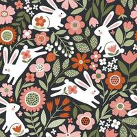 Seamless vector pattern with cute, white rabbits on floral background