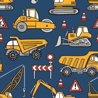 Hand drawn construction cars seamless vector pattern