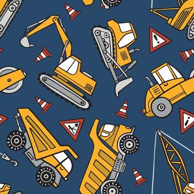 Hand drawn construction cars seamless vector pattern