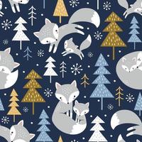 Seamless pattern with cute hand drawn polar foxes, pine trees and snowy winter woodland on dark blue background. vector
