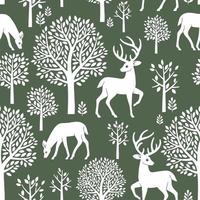 Seamless pattern with deer, fawn, trees and leaves. Scandinavian woodland illustration. Perfect for textile, wallpaper or print design. vector