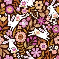 Seamless vector pattern with cute, white rabbits on floral background