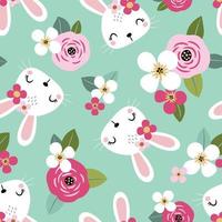 Seamless vector pattern with cute, white rabbits on floral background
