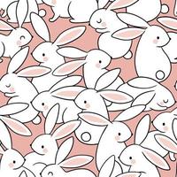 Seamless vector pattern with cute, hand drawn white rabbits on pink background.