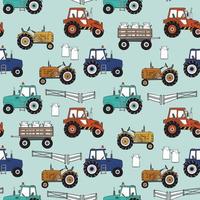 Hand drawn tractors seamless vector pattern