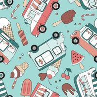camiones de helados vintage dibujados a mano y helados patrón vectorial sin costuras vector