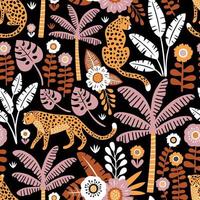 Hand drawn seamless pattern with leopards, palm trees and exotic plants on black background. vector