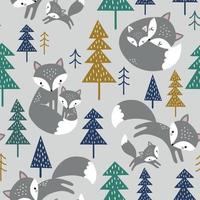 Seamless pattern with cute hand drawn polar foxes and pine trees. vector