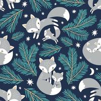 Seamless pattern with cute hand drawn polar foxes, pine tree branches, stars and moon on dark blue background. vector