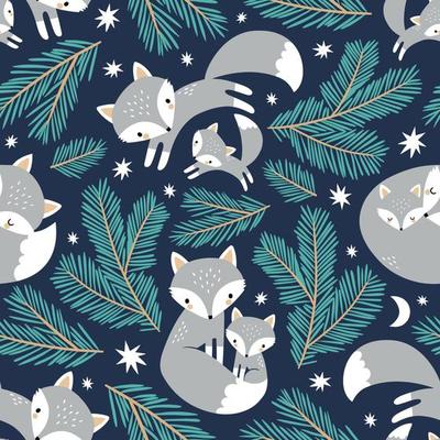 Seamless pattern with cute hand drawn polar foxes, pine tree branches, stars and moon on dark blue background.