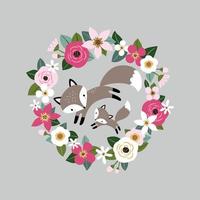 Cute hand drawn foxes in spring floral wreath. Perfect for tee shirt logo, greeting card, poster, invitation or print design. vector