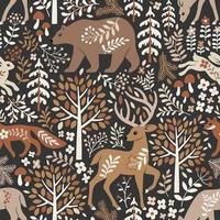 Seamless pattern with cute woodland animals, trees and leaves. Scandinavian woodland illustration. Perfect for textile, wallpaper or print design. vector