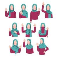 Set of muslim woman waving hand character vector