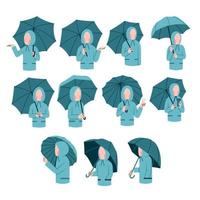 Set of cute girl character holding umbrella vector